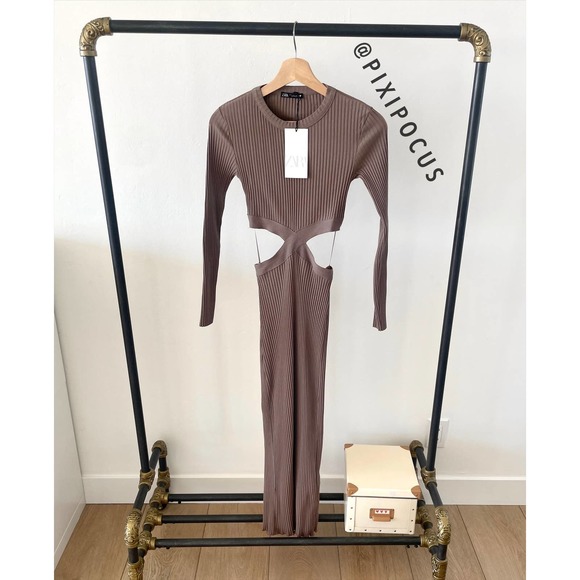 ZARA CUT-OUT RIBBED KNIT DRESS MINK BROWN - Picture 15 of 16